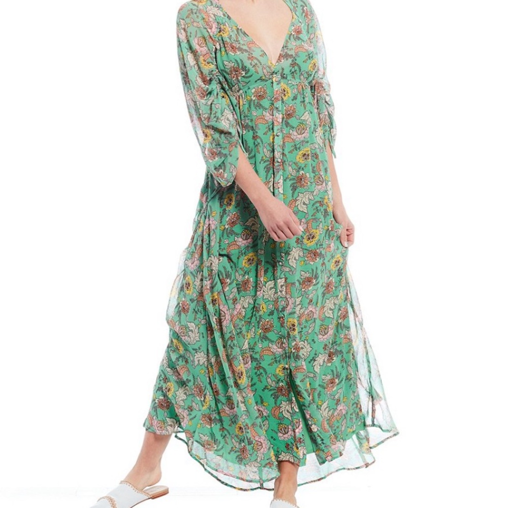 Free People Earth Folk Maxi Dress Green Paisley Chiffon Size XL